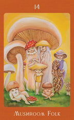 Illustration of children with mushroom hats and a large mushroom on an orange background