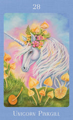 Unicorn with floral crown among mushrooms on a blue background