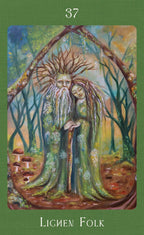 Tarot card featuring a figure in green robes with a staff, surrounded by nature elements, from the 'Lichmen Folk' series.