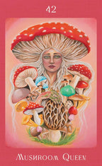 Illustration of a woman surrounded by mushrooms on a pink background with 'Mushroom Queen' text.