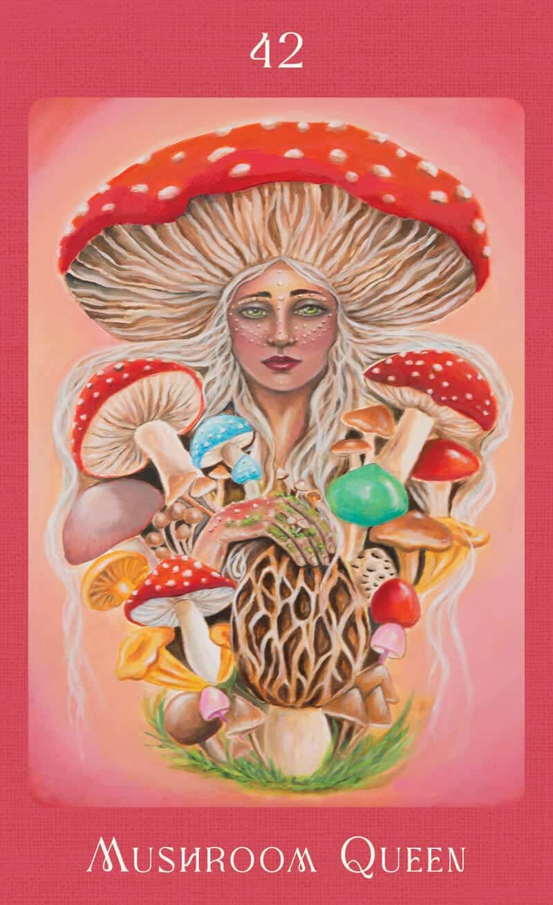 Illustration of a woman surrounded by mushrooms on a pink background with 'Mushroom Queen' text.