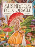 Book cover of 'Mushroom Folk Oracle' with a colorful illustration of a woman holding a mushroom in a forest setting.