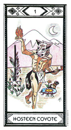Tarot card featuring aHosteen Coyote with mountain and moon background