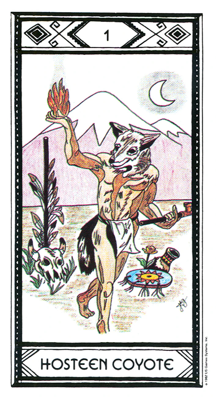Tarot card featuring aHosteen Coyote with mountain and moon background