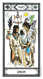 Tarot card featuring two figures with a tipi and moon, sun, and nature elements, labeled 'Two' and 'Union'.