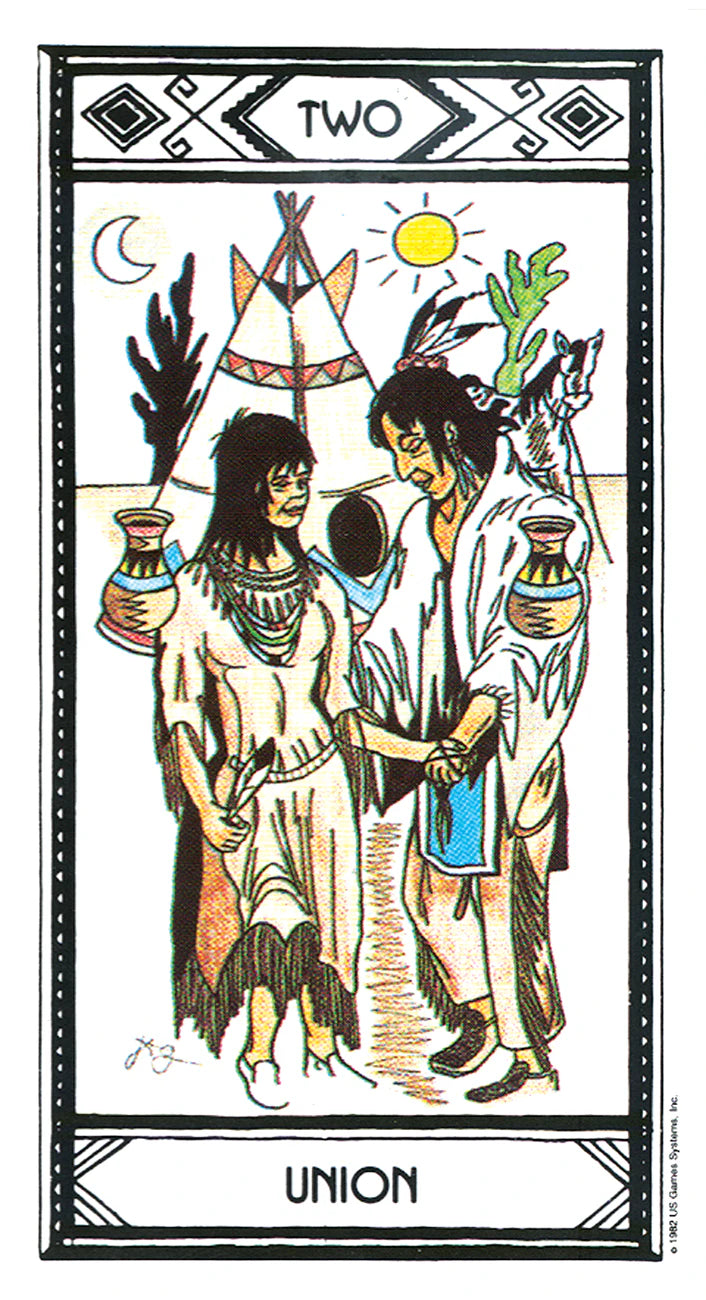 Tarot card featuring two figures with a tipi and moon, sun, and nature elements, labeled 'Two' and 'Union'.