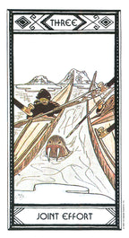 Tarot card with two figures in canoes and a walrus, titled 'Three: Joint Effort'.