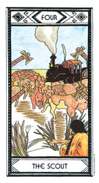 Tarot card titled 'The Scout' with a steam locomotive and figures in a desert landscape.