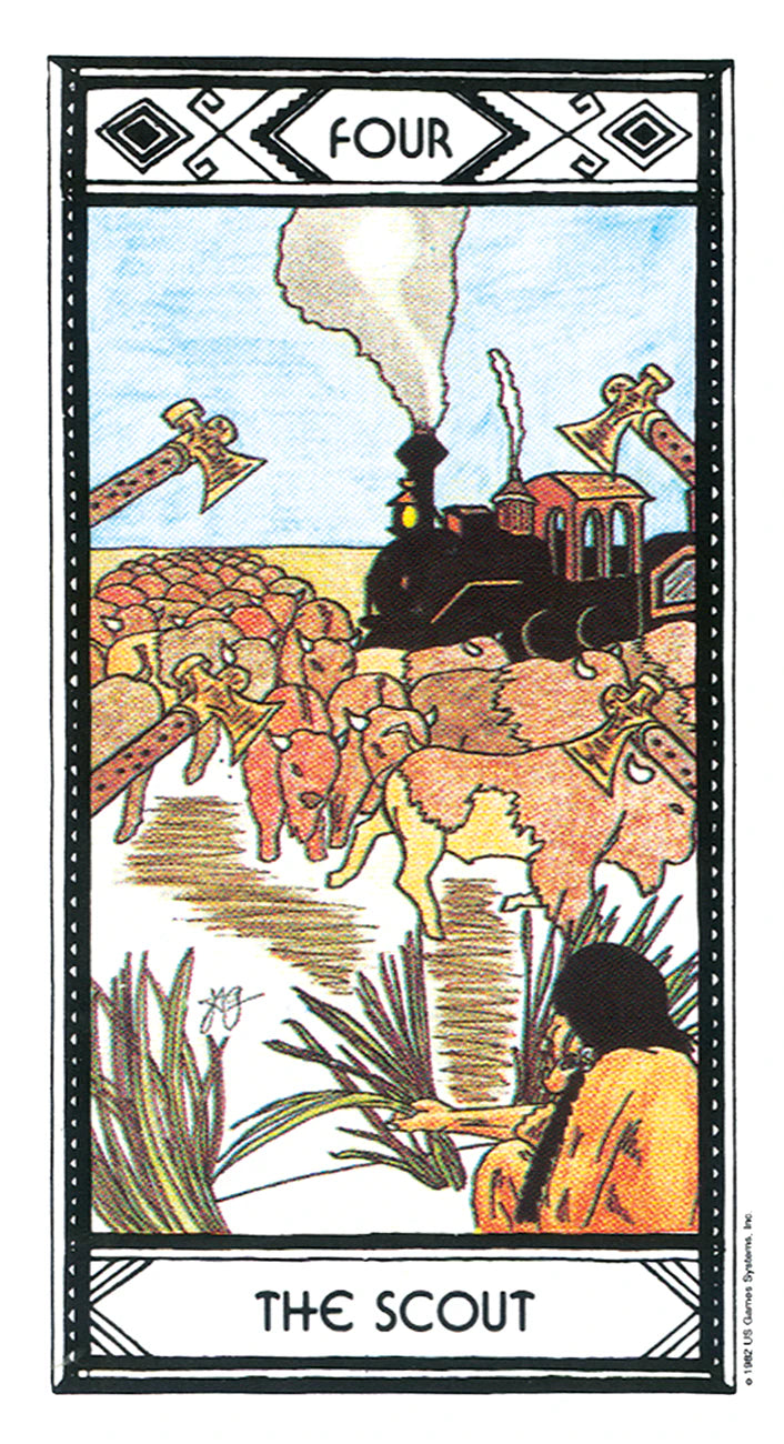 Tarot card titled 'The Scout' with a steam locomotive and figures in a desert landscape.