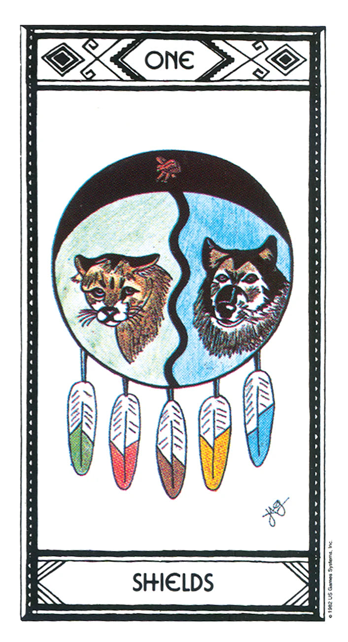 Card with two animals and feathers, labeled 'One Shields', on a white background.