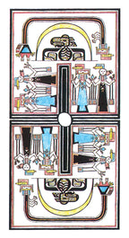 Decorative card with a central cross design and colorful figures on a white background