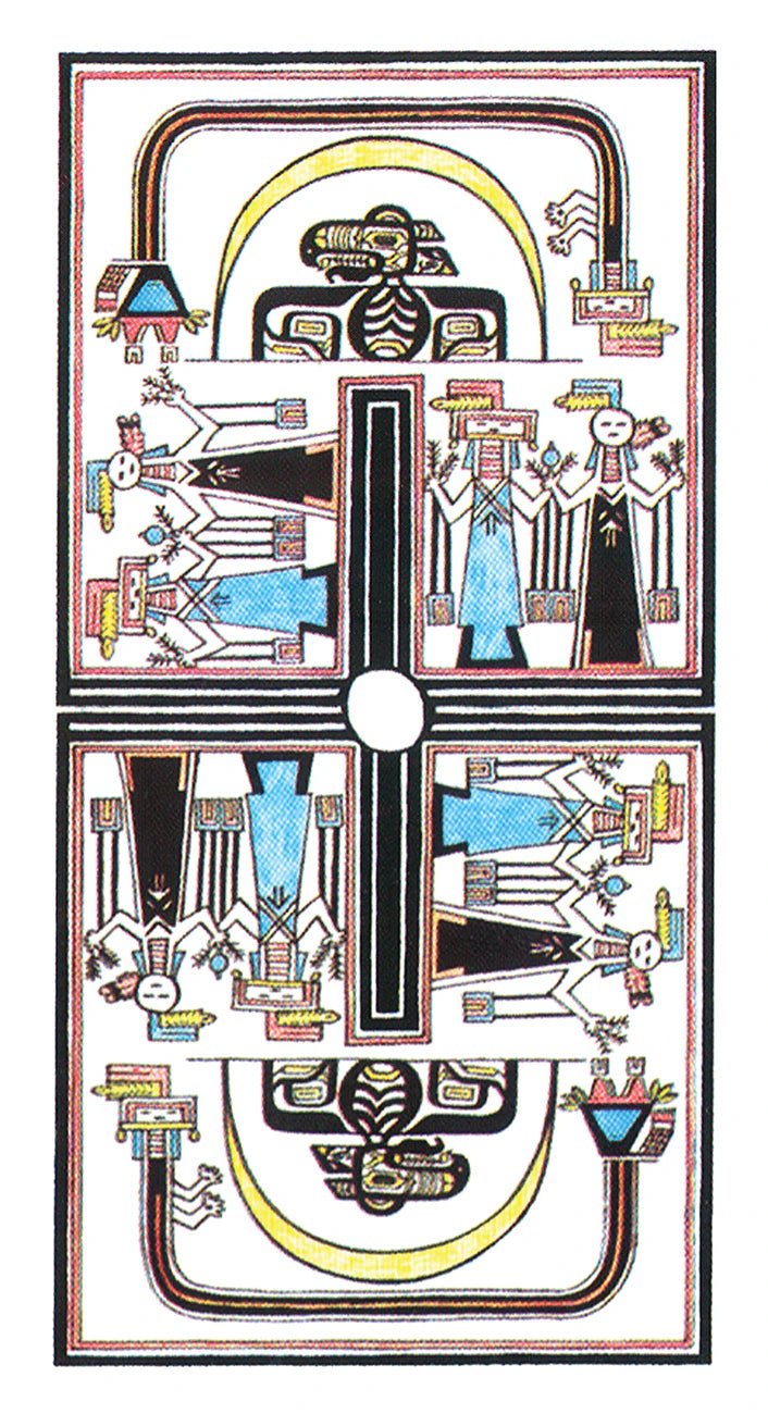 Decorative card with a central cross design and colorful figures on a white background