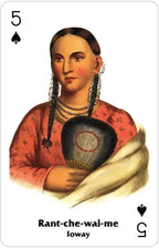 Playing card with a Native American woman holding a shell, labeled '5 of Spades'.