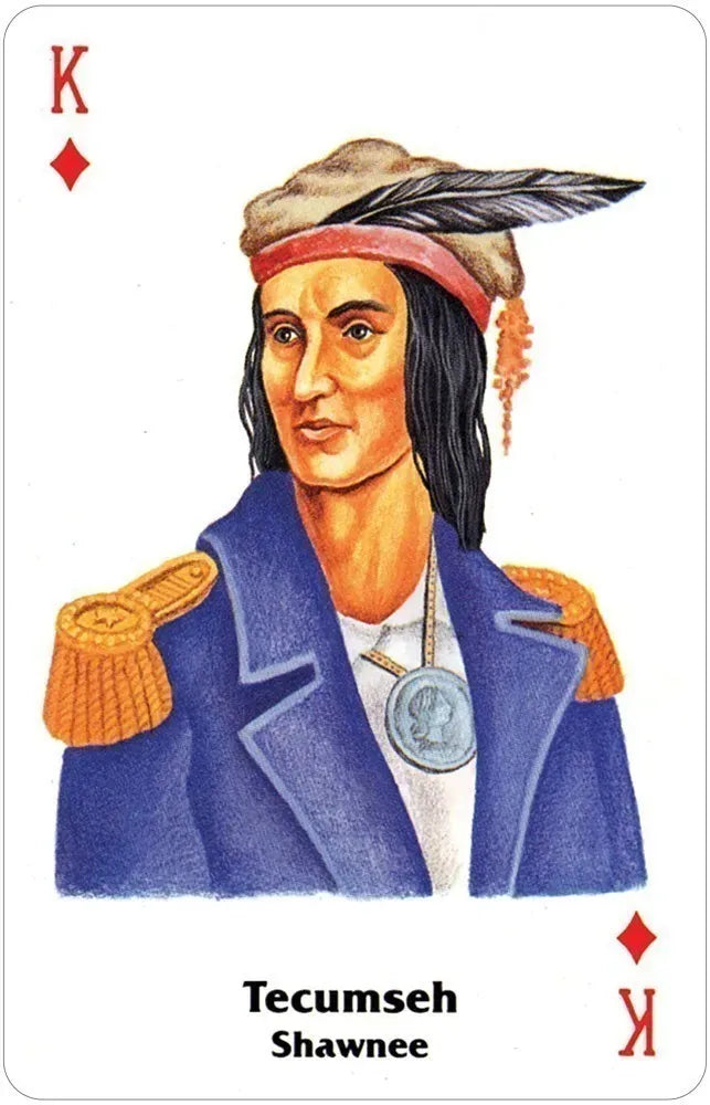 Card featuring Tecumseh with a blue jacket and feathered headdress, labeled 'King of Diamonds'.