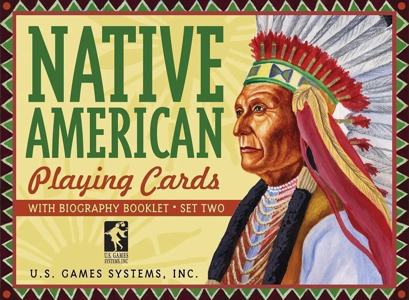 Card game box for 'Native American Playing Cards' with a Native American chief illustration and U.S. Games Systems branding.