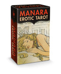 Manara Erotic Tarot box with illustration of a woman and 'Manara Erotic Tarot' text.