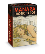 Manara Erotic Tarot box with illustration of a woman and 'Manara Erotic Tarot' text.