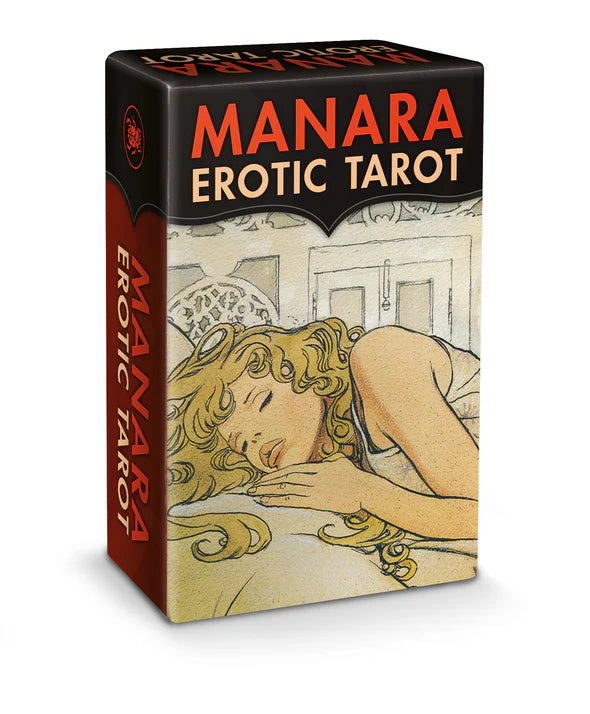 Manara Erotic Tarot box with illustration of a woman and 'Manara Erotic Tarot' text.