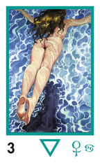 Card 3 of the Mini Manara Erotic Tarot. A nude woman floats in a blue body of water