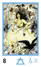 Card 8 of the Mini Manara Erotic Tarot. It features a woman running from a looming male presence.