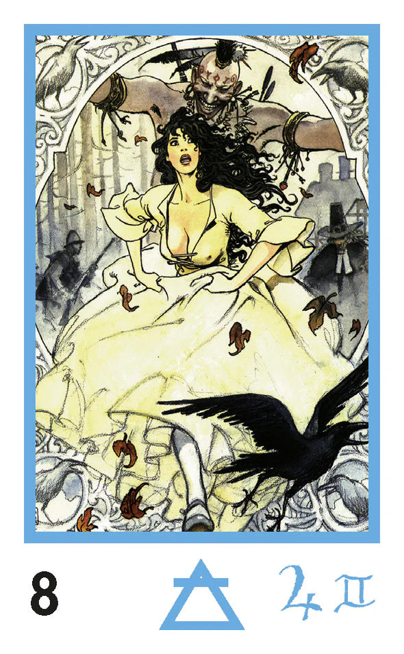Card 8 of the Mini Manara Erotic Tarot. It features a woman running from a looming male presence.