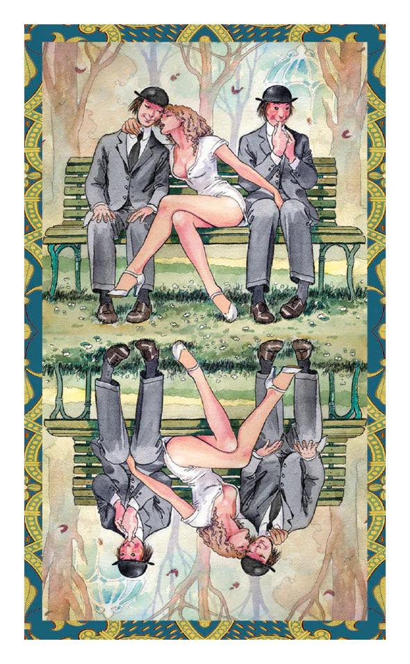 The back of the Mini Manara Erotic Tarot features three people on a bench. The woman in the middle wraps her arm around one of the men while the other looks on blushing.