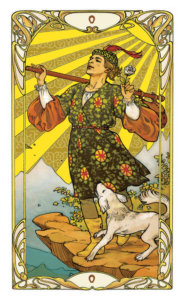 Art Nouveau-style illustration of a person with a dog on a rock, holding a staff and a flower, against a yellow and blue background.