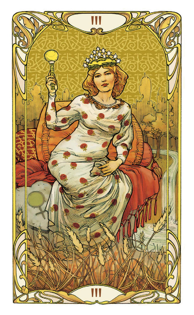 Art Nouveau-style tarot card with a seated figure holding a lantern, intricate border, and number 'III' at the top.