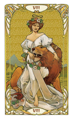 Vintage-style tarot card with a woman and wolf, featuring intricate border and design elements.