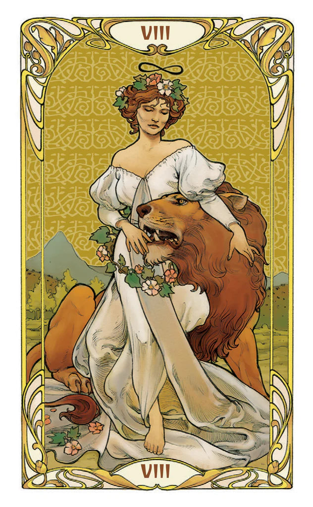 Vintage-style tarot card with a woman and wolf, featuring intricate border and design elements.