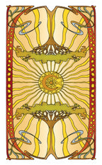 Decorative design with trees, sun, and moon on a beige background