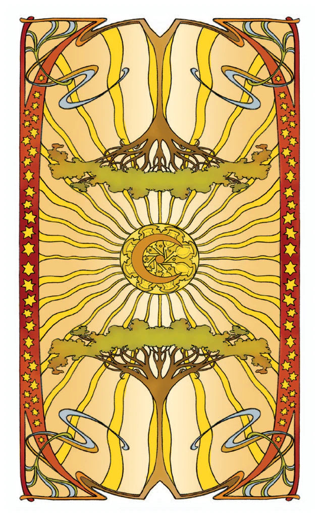 Decorative design with trees, sun, and moon on a beige background