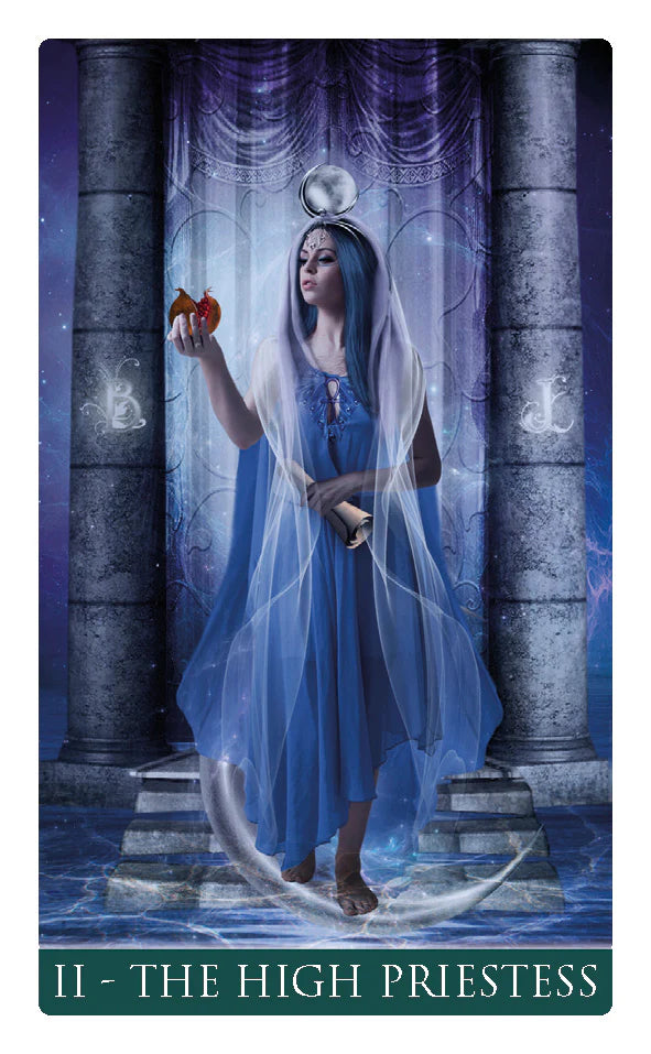 Tarot card featuring 'The High Priestess' with a woman in blue robes holding an apple and a book.