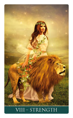 Tarot card titled 'Strength' featuring a woman with a lion in a natural setting.
