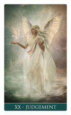 Card titled 'Judgment' featuring an angel with wings and a staff against a mystical background.