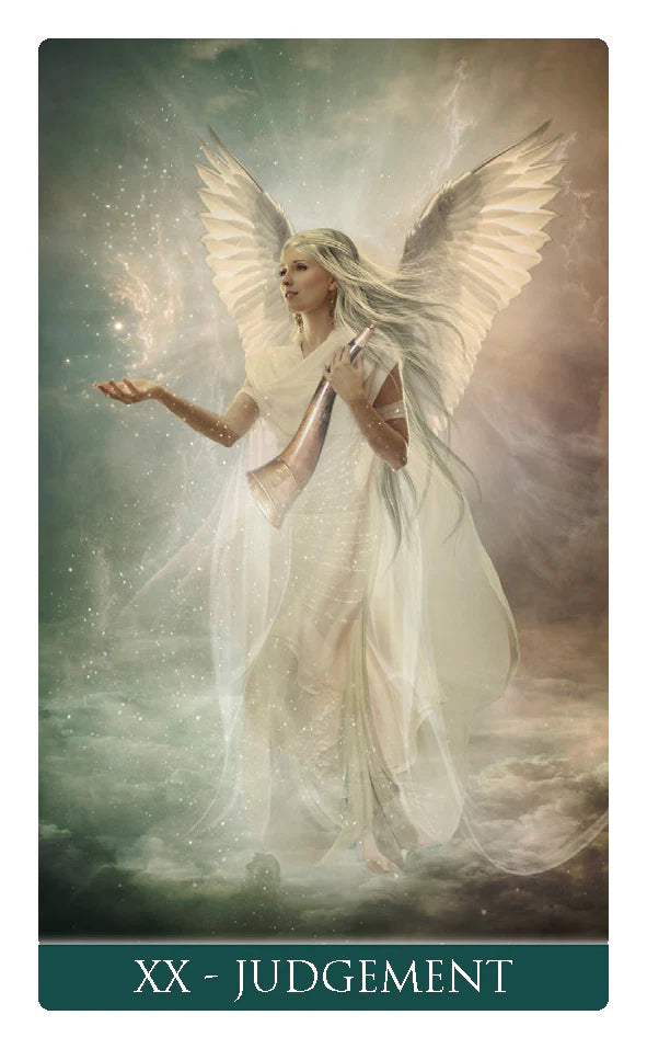 Card titled 'Judgment' featuring an angel with wings and a staff against a mystical background.