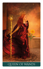 Card featuring a woman in a red dress holding a sunflower and a wand, with 'Queen of Wands' text at the bottom.