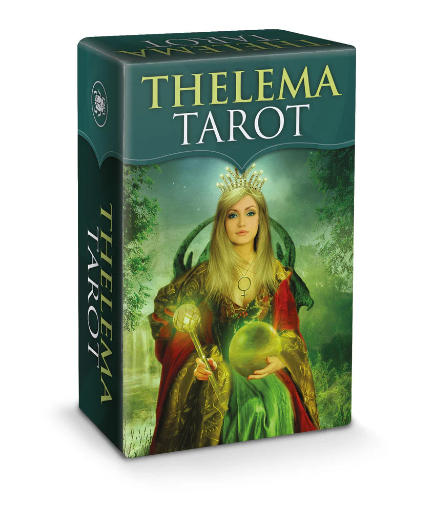 Thelema Tarot card box with a woman in a fantasy setting on a white background