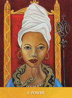 Artistic depiction of a woman with a white headscarf against a red and gold background, labeled '1. Power'.