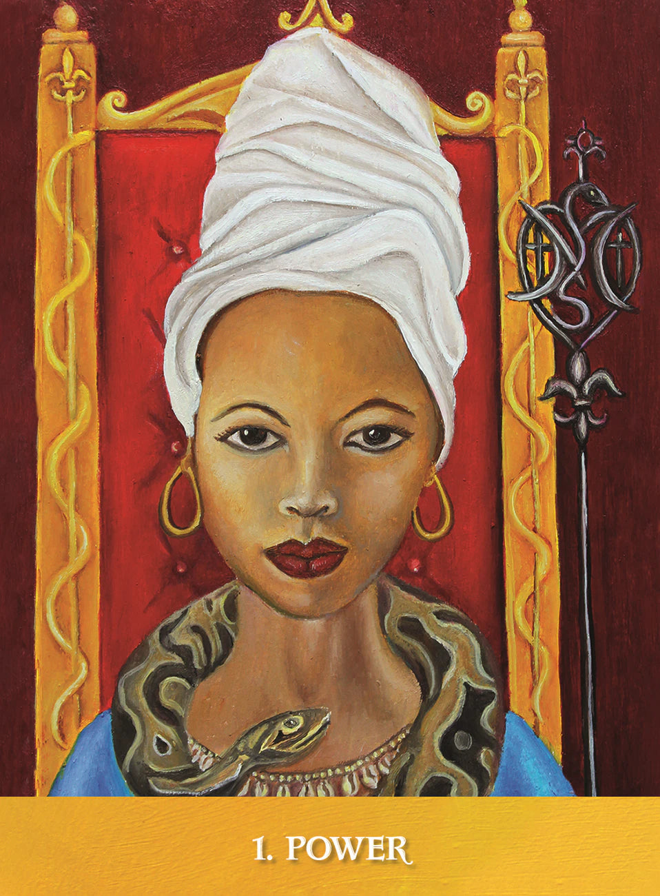 Artistic depiction of a woman with a white headscarf against a red and gold background, labeled '1. Power'.