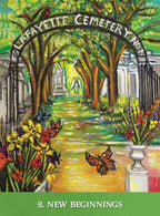 Illustration of Lafayette Cemetery No. with arch, trees, and flowers, featuring the text '2. New Beginnings'.