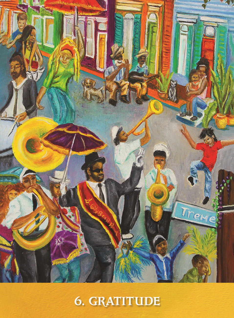 Colorful illustration of a street scene with people playing instruments and celebrating, featuring the word 'Gratitude'.