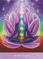 Illustration of a person meditating within a lotus flower with rainbow colors and '12. Self-Care' text on a purple background.