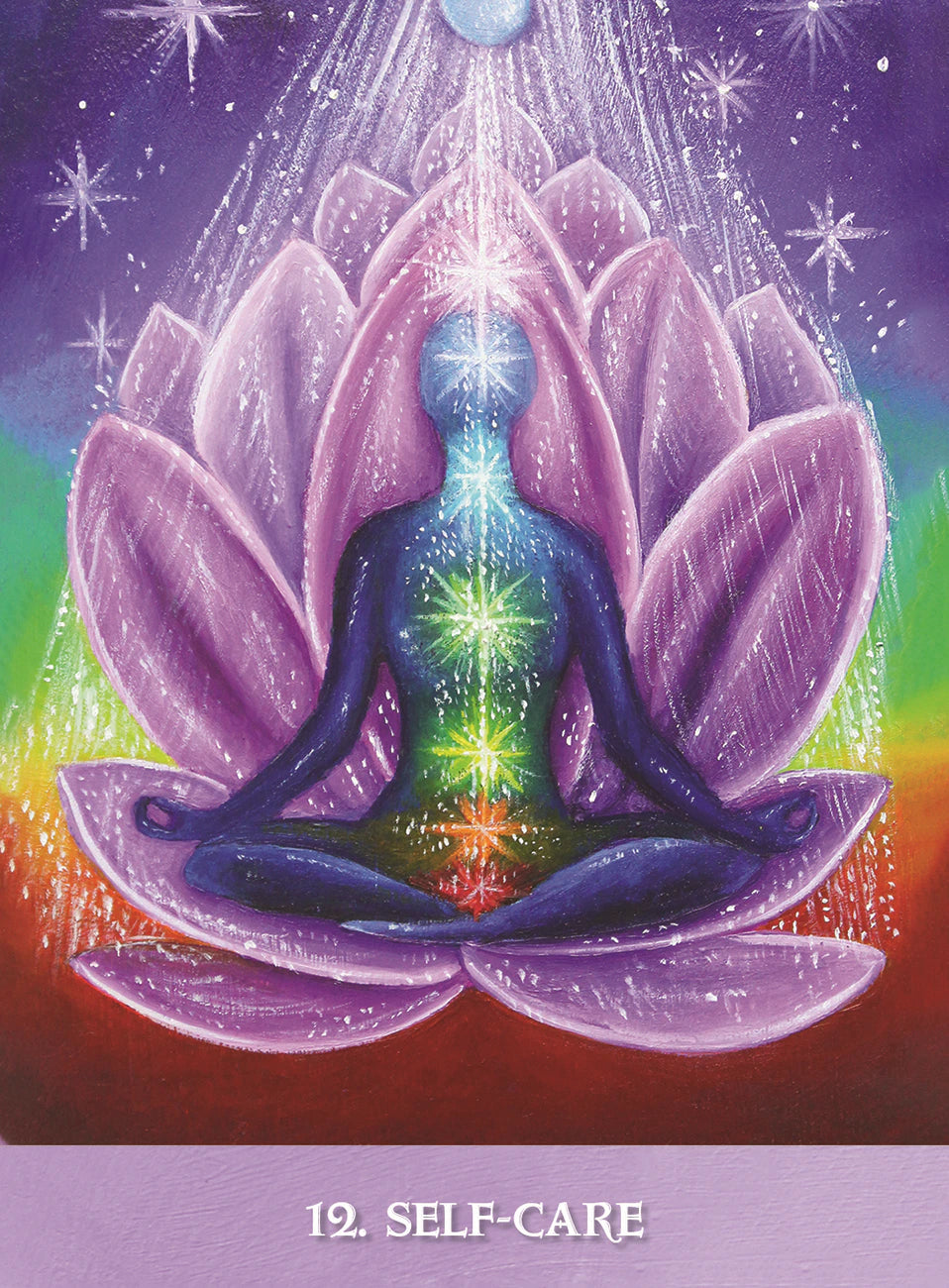 Illustration of a person meditating within a lotus flower with rainbow colors and '12. Self-Care' text on a purple background.