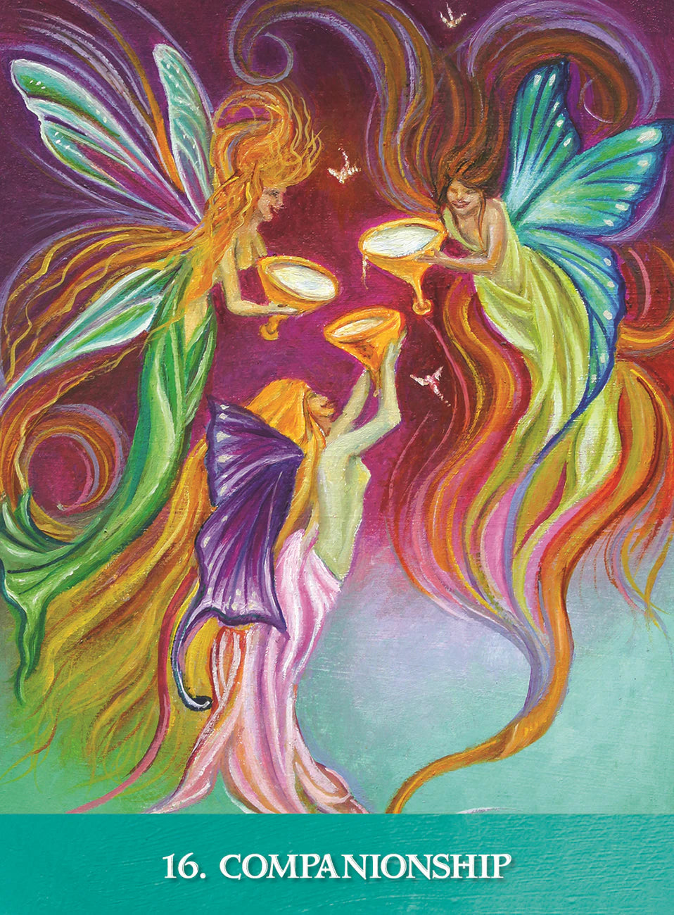 Colorful illustration of three fairies with glowing orbs, titled '16. Companionship'.