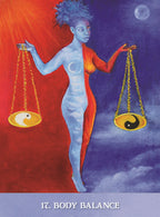 Illustration of a person with scales, symbolizing balance, against a colorful background.