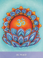 Mandala design with Om symbol on a blue background, labeled '18. Peace'.