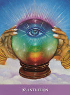 Colorful crystal ball with an eye design held by hands against a blue sky, labeled 'Intuition'.