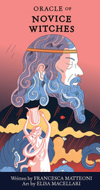 Book cover of 'Oracle of Novice Witches' with a stylized illustration of a bearded figure and title text.