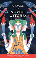 Book cover of 'Oracle of Novice Witches' featuring a stylized illustration of a woman with green hair and two crows.